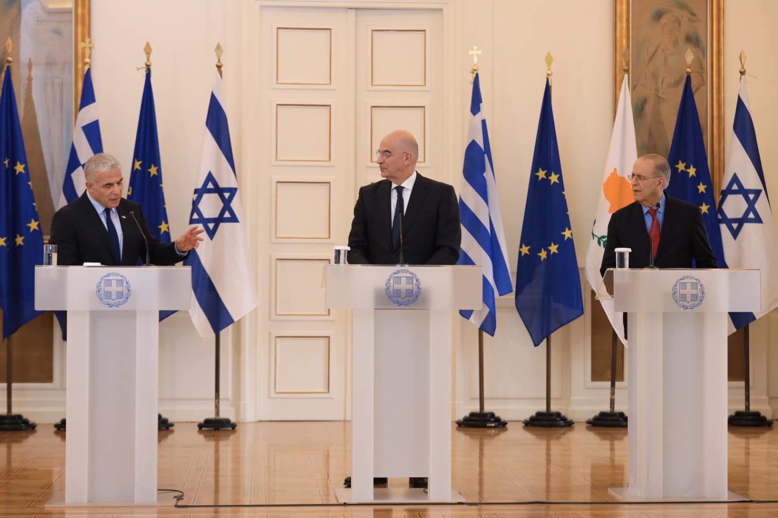 Речь Яира Лапида на встрече с министрами иностранных дел Греции и Кипра