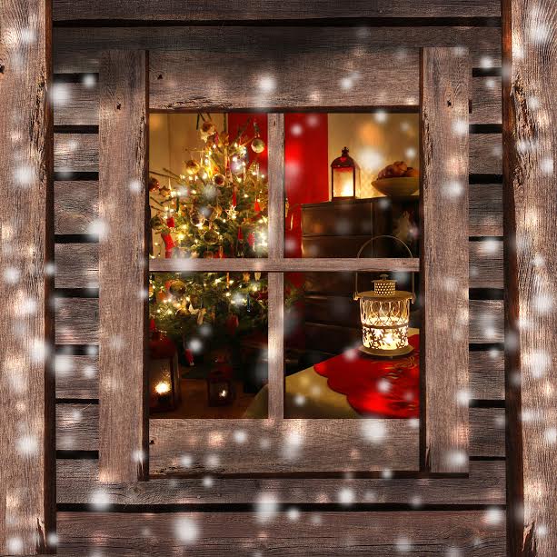 Christmas tree and fireplace seen through a wooden cabin window